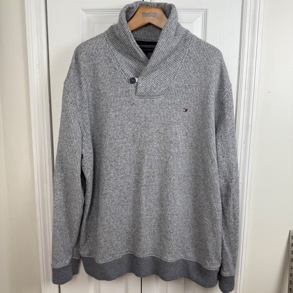 Tommy Hilfiger Men's XXL Shawl Collar Pullover‎ Jumper Sweater Gray Cotton Knit - Picture 2 of 7
